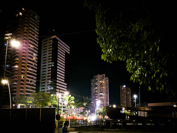 A serene night view within the Nova Doca Linear Park in Belém. Residents are seen walking, exercising, and relaxing on the grass and paths. The scene is framed by tropical trees in the foreground and the impressive, illuminated skyline of the Umarizal district's high-rise buildings in the background, showcasing the modernization and green spaces of the Amazonian capital.