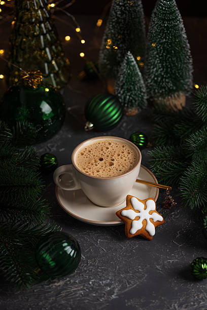 istock Mug of Coffee Latte and Gingerbread cookie into  Pine Decor 2247337916
