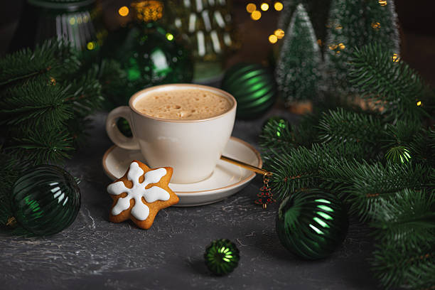 istock Mug of Coffee Latte and Gingerbread cookie into  Pine Decor 2247337917