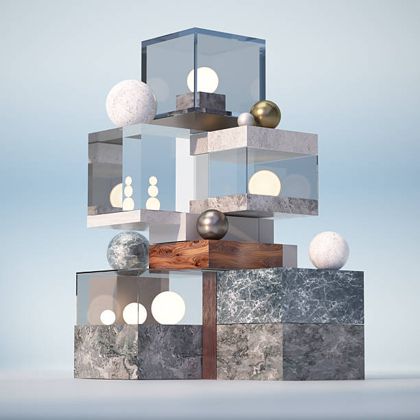 A striking modern sculpture is creatively arranged with glass and stone blocks in various shapes. Light orbs are placed thoughtfully, enhancing the artistic display in a minimal backdrop.