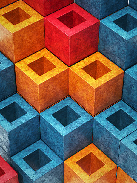 Brightly colored cubes stack together, creating a 3D pattern. The arrangement features shades of blue, red, orange, and yellow with a textured surface. Light plays across the shapes.