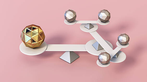 A unique sculpture showcases a central golden shape surrounded by silver geometric forms arranged on white platforms. The soft pink backdrop enhances the artistry and design.