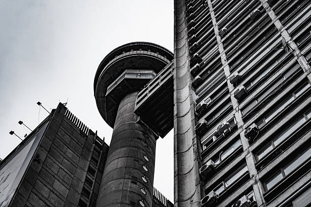 Upward view of the Genex Tower in Belgrade, Serbia, showcasing its Brutalist architecture and iconic  design