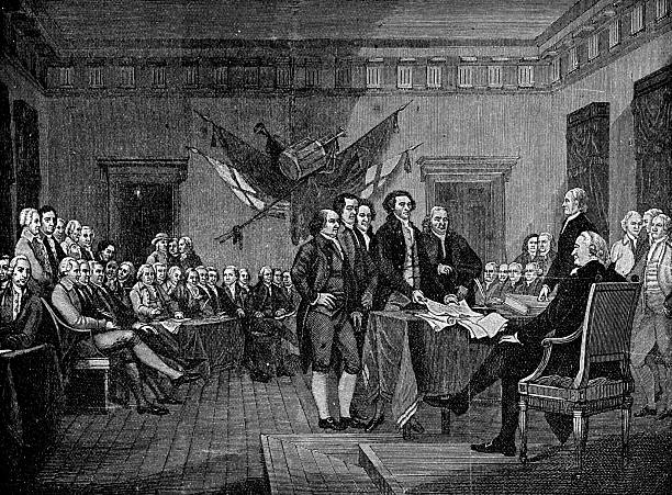 Declaration of Independence, painting by John Trumbull. Vintage etching circa 19th century.