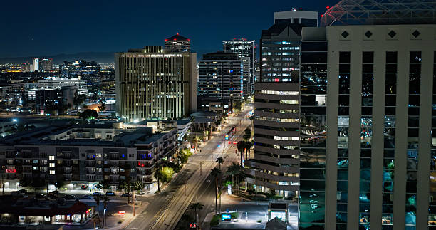 Aerial shot of North Central Avenue on a clear night in North Phoenix, Arizona.- Authorization was obtained from the FAA for this operation in restricted airspace.