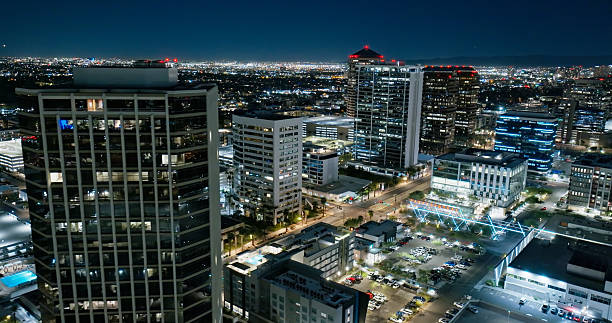 Aerial shot of North Central Avenue on a clear night in North Phoenix, Arizona.- Authorization was obtained from the FAA for this operation in restricted airspace.