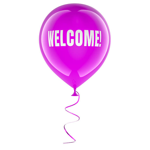 istock Welcome, purple balloon with ribbon. 3D rendering 2247345579