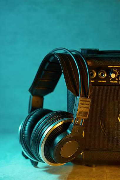 Details of music equipment in a home studio, close-up view.