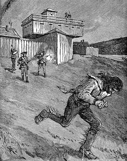 Lewis Wetzel escaping imprisonment at Fort Harmar in Ohio, USA (circa 1788). Vintage etching circa 19th century.