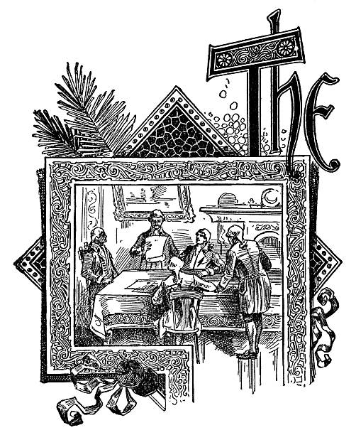 Antique inhabited initial capital word “The” with the Committee of Five drafting the Declaration of Independence. Vintage etching circa 19th century.