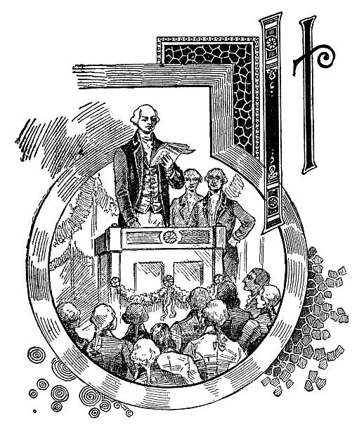 Antique inhabited initial capital word “It” with the first inauguration of George Washington. Vintage etching circa 19th century.
