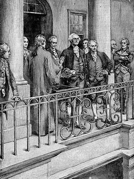 George Washington being sworn in at his first presidential inauguration in New York City, New York, USA (circa 1789). Vintage etching circa 19th century.