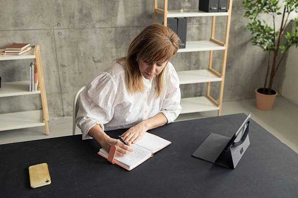 istock Focused businesswoman writing notes in notebook at office desk 2247350758