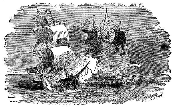 The USS Constellation vs L'Insurgente naval battle in the Caribbean Sea (circa 1799). Vintage etching circa 19th century.