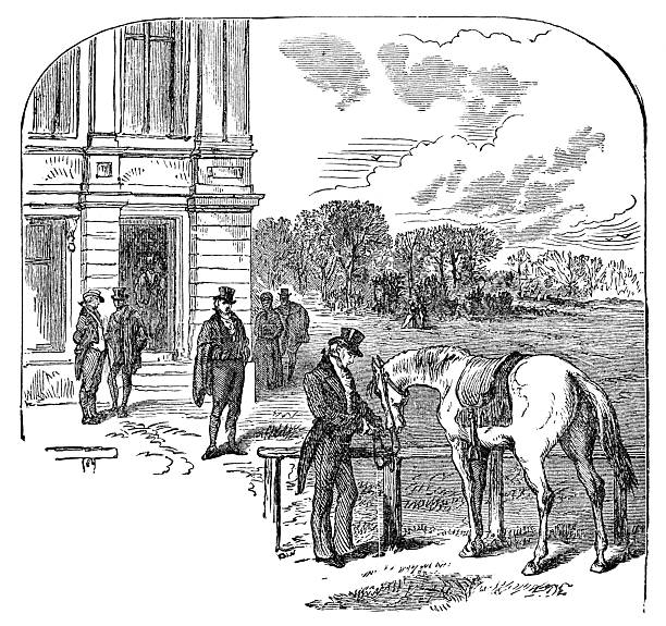 Thomas Jefferson leaving Conrad and McMunn's boarding house on the morning of his first presidential inauguration in Washington DC, USA (circa 1801). Vintage etching circa 19th century.