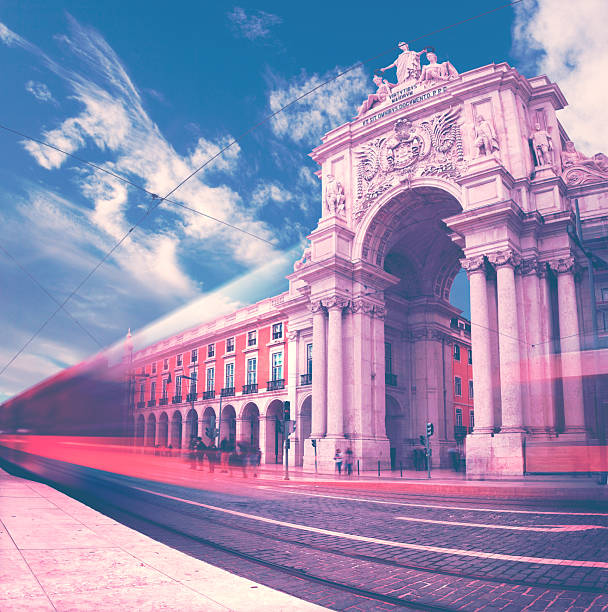 Lisbon,Portugal. Colorful street photography. Tourism in the historic tram of the city.