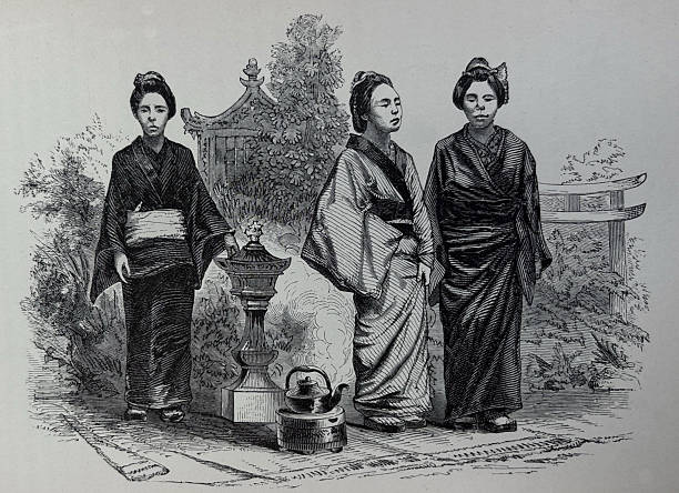 Antique illustration pre 1900 - three women from Japan in traditional clothing