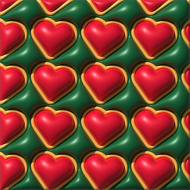 istock A repeating pattern of red hearts with gold trim, set in a green textured relief. Conceptually themed around love, romance, and celebration. 3D rendering illustration. 2247359566
