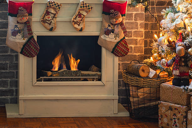 Cozy living room with fireplace at Christmas holidays