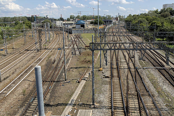 Photo of Zurich from above, all train tracks towards the main station.