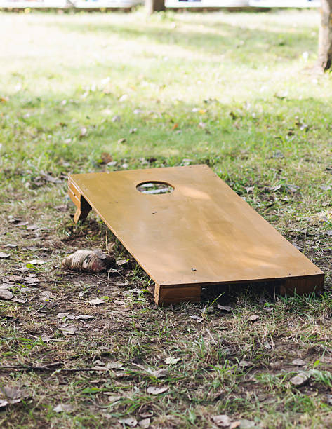 istock Cornhole game set, process of throwing bean bags, kids children with parents tossing bean sacks, backyard lawn corn hole , wooden boards for corn-hole tournament in the summer sunny day in a city park 2247367949
