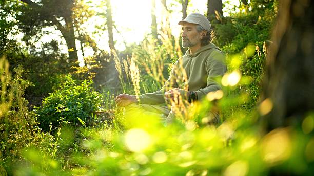 Male traveler sitting in lush green forest at sunset. Contemplation and meditation among zen-like dense greenery. Active healthy lifestyle & deep rest travel. Contemplative meditation concept.
