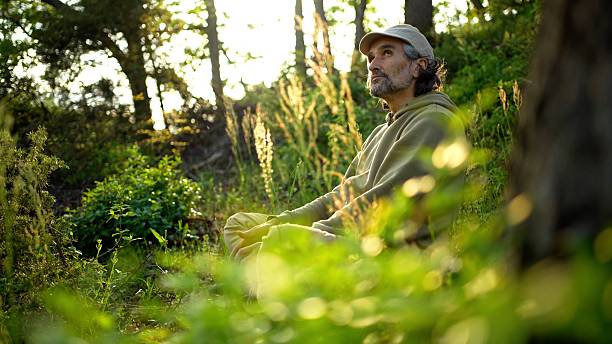 istock Deep Rest Travel. Man Doing Forest Meditation, Connecting With Nature 2247369198