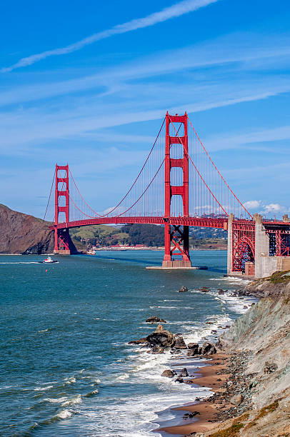 Ocean waves breaking at Baker Beach, with the Golden Gate Bridge in the background.Taken from Baker Beach, San Francisco, California, USA.