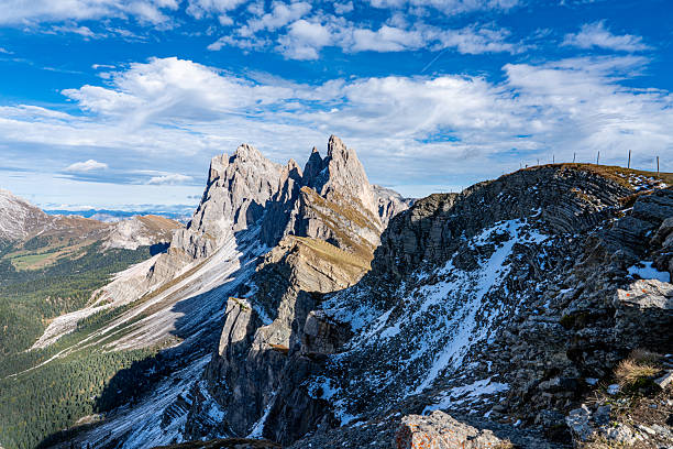 Seceda mountains dramatic cliffs in the Dolomites, South Tyrol, Italy.