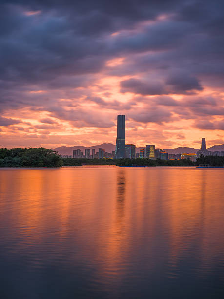 istock City skyline reflected on the lake surface during sunset with dramatic clouds and warm hues 2247394332