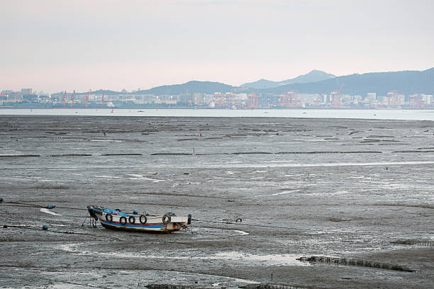 istock A small fishing boat resting on the exposed mudflat during low tide with a distant city skyline and industrial cranes in the background 2247396841