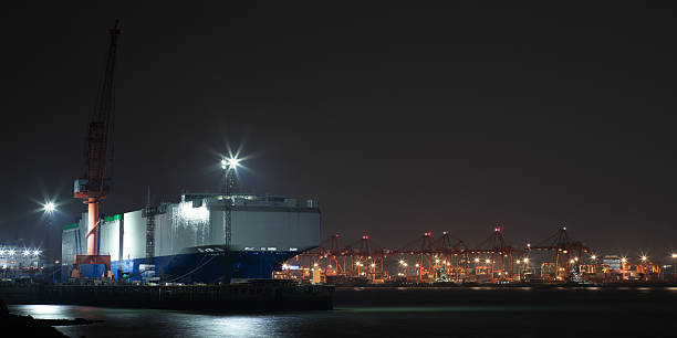 Container Ship and Cranes at the Port During Nighttime