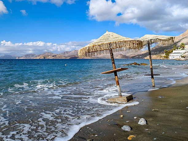 Two rustic straw umbrellas stand firmly on a dark sand beach with foamy ocean waves rolling in, under a bright blue sky and distant mountains