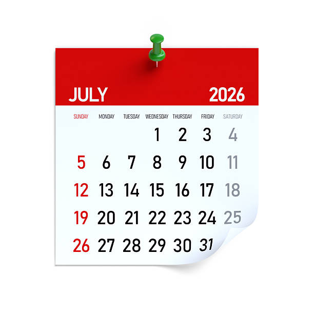istock July 2026 calendar page pinned to white wall 2247402314