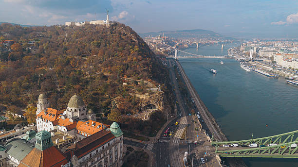 Aerial view of Budapest cityscape with Danube river and Gellert Hill.
