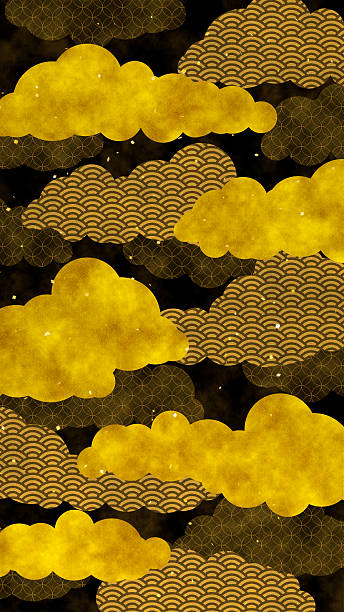 istock Vertical Luxurious Japanese-Style Wallpaper with Golden Cloud Motifs on Black Background 2247407253