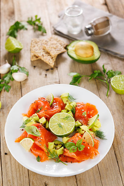 istock smoked salmon, avocado and fresh aromatics herbs.Holiday dining salad plate 2247408049