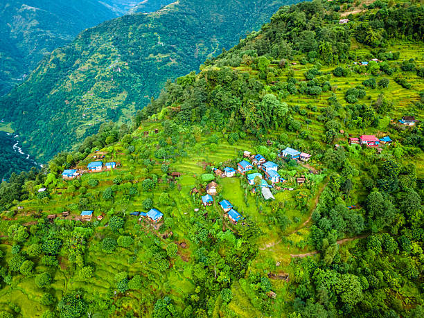 The aerial view shows rural village Khattamma in Bhojpur, Nepal
