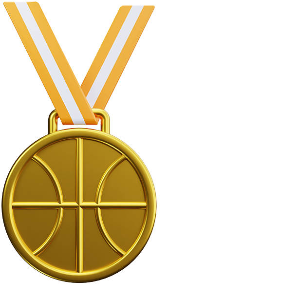 A golden sports medal shaped with basketball lines, representing achievement and championship