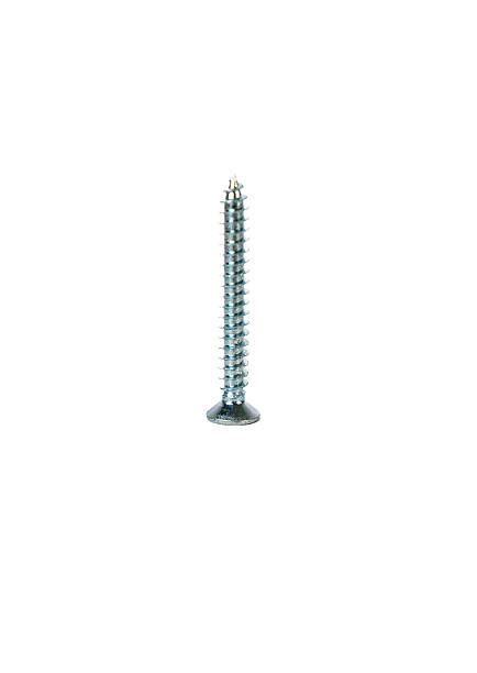 istock Long silver metal screw standing vertically on a white background. Minimalistic hardware and engineering concept. 2247413735