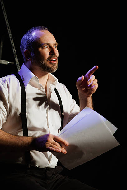 istock Actor talking and gesturing during rehearsal on stage in theater 2247415793