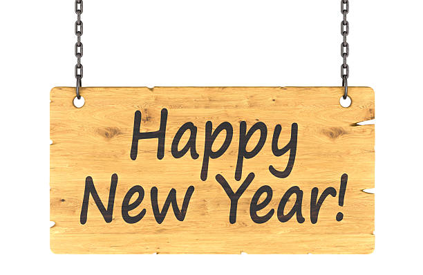 Happy New Year, wooden sign hanging on chain. 3D rendering isolated on white background