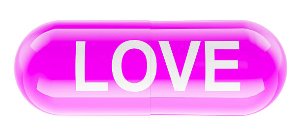 Love pill, pink medical capsule with LOVE text. 3D rendering isolated on white background