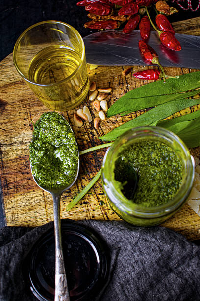 Zero Waste Wild Garlic Pesto Preparation – Sustainable Food Ingredients Flatlay with Copy Space
