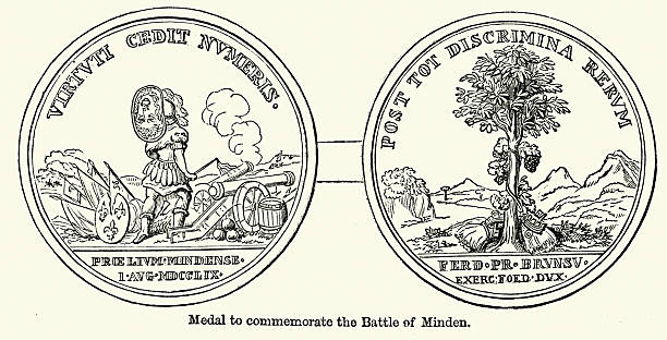 Military, Medal commemorating Battle of Minden, during the Seven Years' War, fought on 1 August 1759, English British History, 18th Century, Vintage illustration