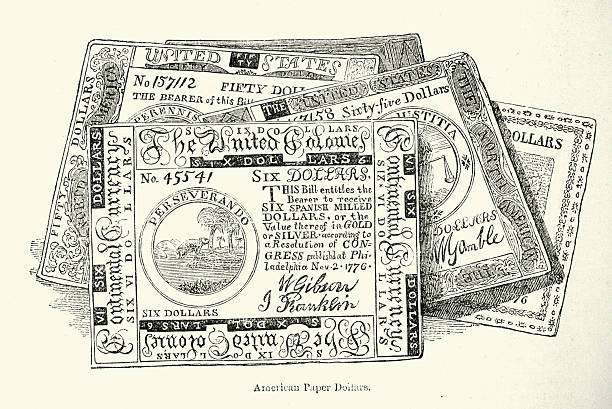 Money, Early American dollars, Banknotes, History, 18th Cetnury, Vintage illustration