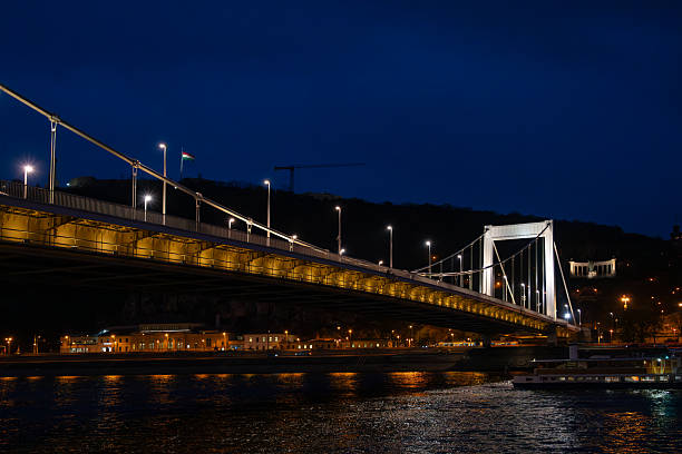 Budapest, Hungary, April, 2025A black and white photograph captures the iconic Elizabeth Bridge, a historic suspension bridge, illuminated by streetlights at night over the Danube River in Budapest, Hungary. The bridge's cables and towers are prominently featured against a dark sky, with reflections shimmering on the calm river surface below. In the background, the Buda hills rise with scattered buildings and lights dotting the landscape, including the illuminated Gellért Hill and riverside walkways. The scene conveys an urban night atmosphere with no people visible. This image suits commercial uses such as travel articles on European landmarks, Budapest tourism promotions, architectural features in media publications, or illustrations for books on Hungarian history and cityscapes.