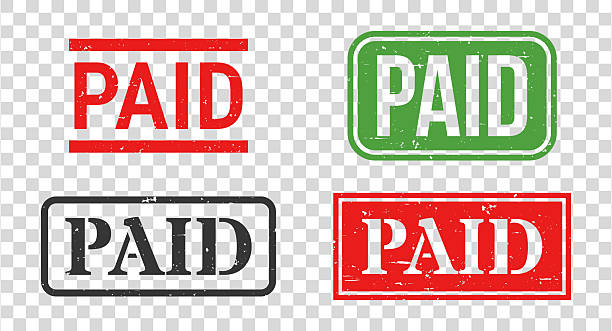Paid. Grunge rubber stamps for your own design, isolated on a transparent background. Four trendy stamps with a slight grunge texture, in different styles and ink colors. The first stamp is in red ink with lines above and below the text. The second stamp is in black ink with the text framed. The third stamp is in red ink with the text transparent. The fourth stamp is in green ink with the text transparent. Vector Illustration (EPS file, well layered and grouped). Easy to edit, manipulate, resize or colorize. Vector and Jpeg file of different sizes.