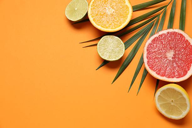 istock Flat lay with fruits on color background. Space for text 2247427612