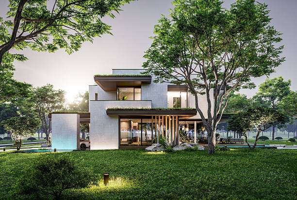istock 3d rendering of two-story house with concrete facade in evening 2247432882
